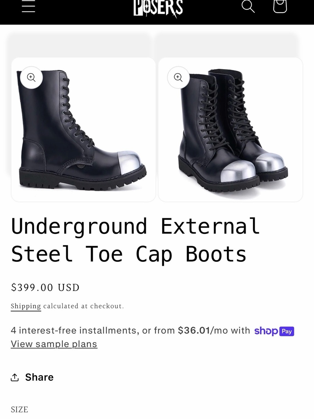 Underground Black Combat Boots with Silver Steel Toe